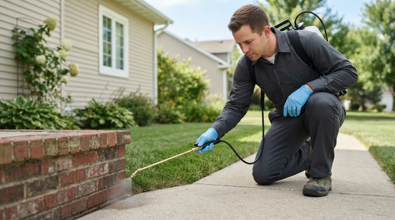 Pest control technician treating a home near Elgin, OH