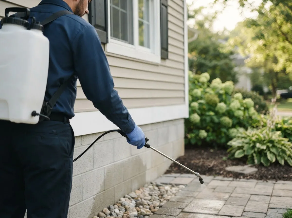 Pest control technician inspecting a home in Elgin, OH